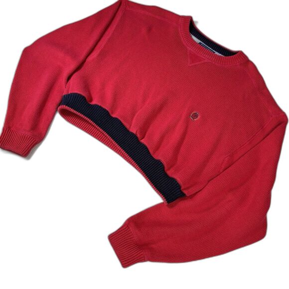 Vintage 90s Y2K Tommy Hilfiger Cropped Crew Neck Sweater Women’s Large Red Knit - Picture 1 of 8